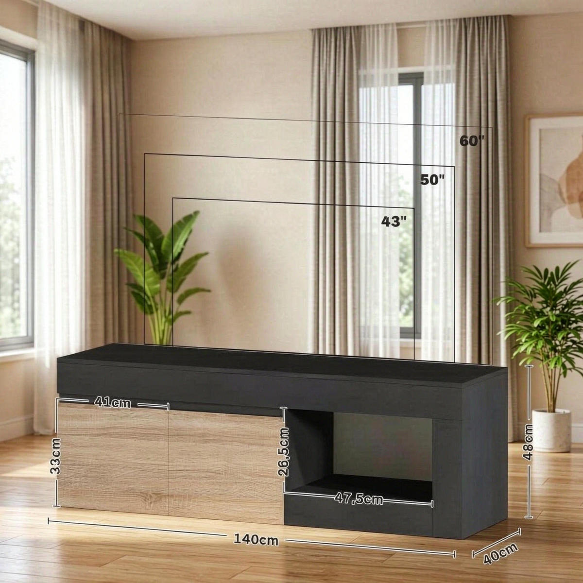 LOWBOARD DE-40514 2 Türen und offenes Regal mit Soft-Close Schwarz - Schwarz, Holzwerkstoff (140/48/40cm) - ComfortXL