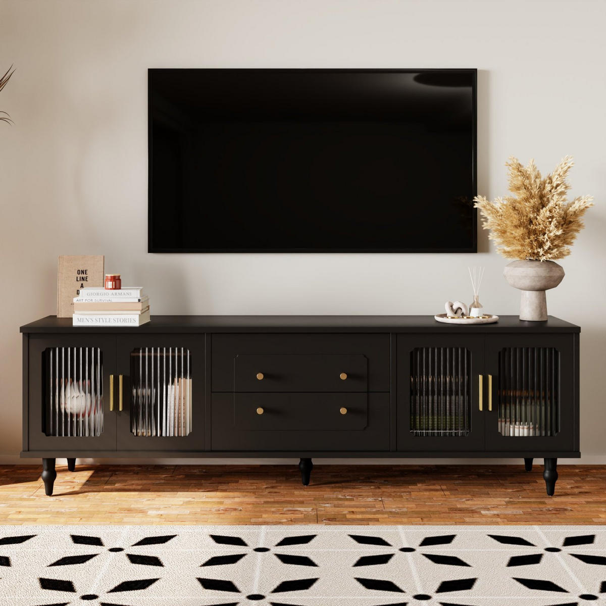 TV-LOWBOARD 175 cm Schwarz mit Türen, Goldgriffen und Massivholzbeinen - Schwarz, Holz (175/55/38cm) - PARAFTA HOME