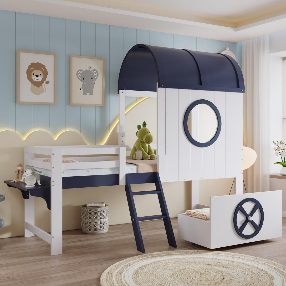 HAUSBETT 90/200 cm in Weiß/Dunkelblau mit Schublade und Dach - Weiß, Holzwerkstoff (90/200cm) - Flora Grace