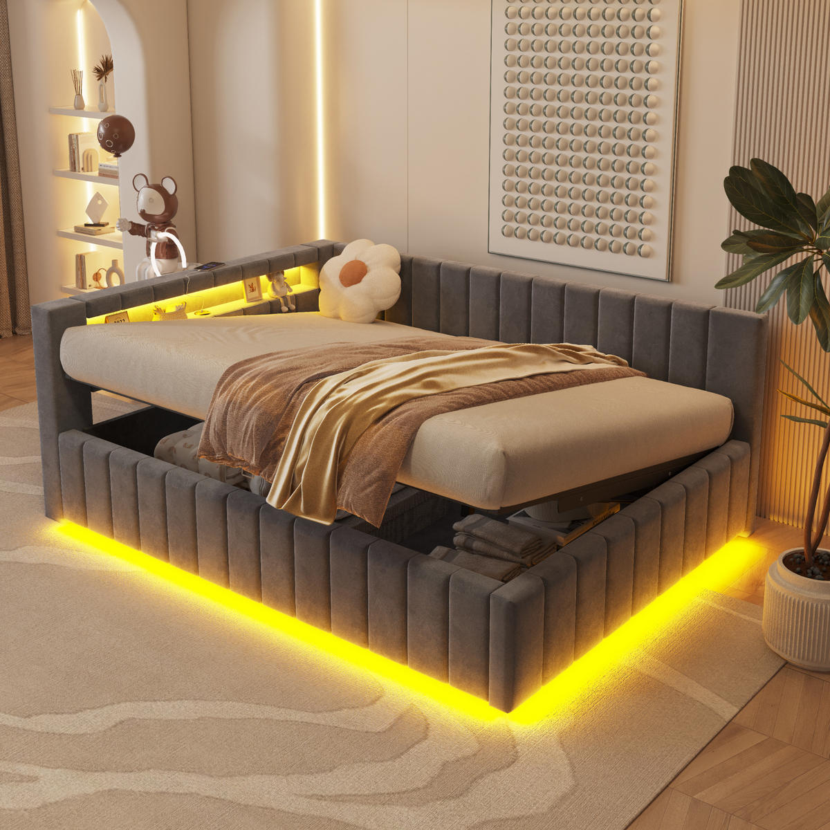 POLSTERBETT 140x200 cm LED USB grau - Grau, Textil (140/200cm) - Fortuna Lai