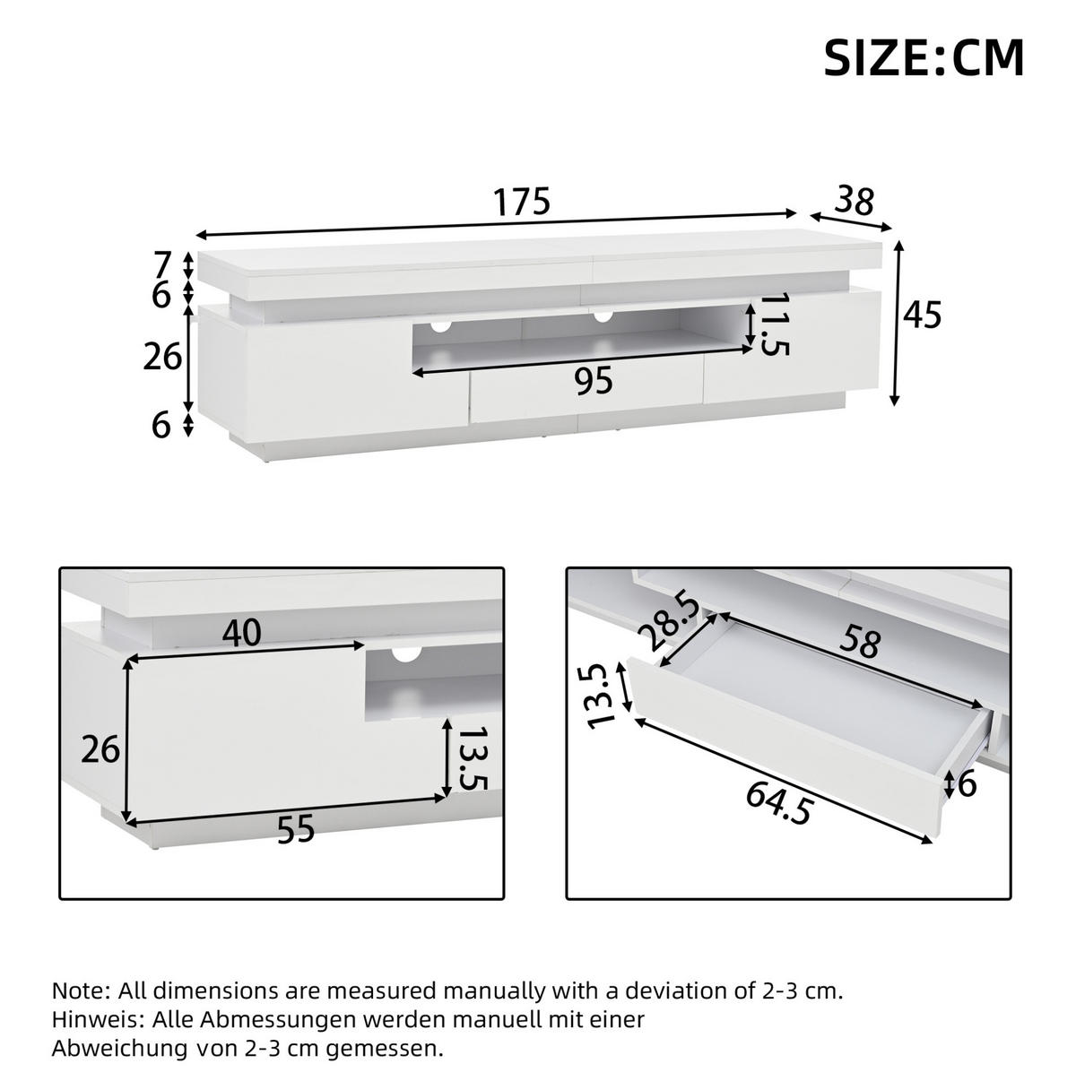 TELEVIZNÍ stolek 175/38/45 cm s LED osvětlením, 2 skříňkami, zásuvkou a polootvoreným úložným prostorem, Bílá - bílá, kompozitní dřevo (175/45/38cm) - Redom