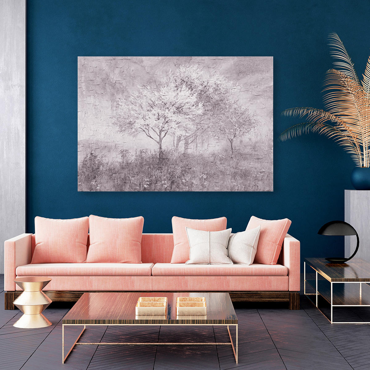 WANDBILD ein blühender baum in der wiese old schwarz und weiß - Schwarz, Textil (60/40cm) - Feeby