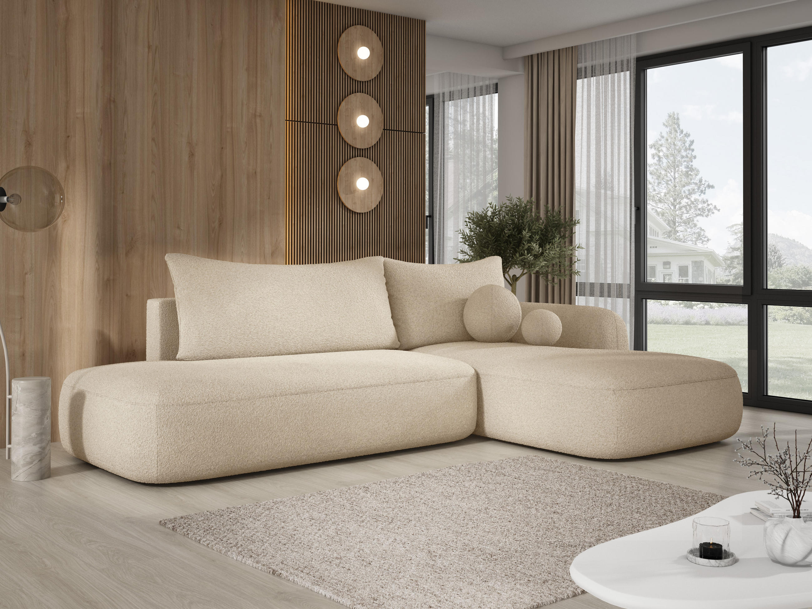 ECKSOFA BABU mit Schlaffunktion, Moderne Polsterecke für Wohnzimmer, funktionales Schlafsofa im Stoff NOW OR NEVER, 300x105x60cm rechte, beige​ - Sandfarben, Holz/Textil (300/190cm) - DomoHome