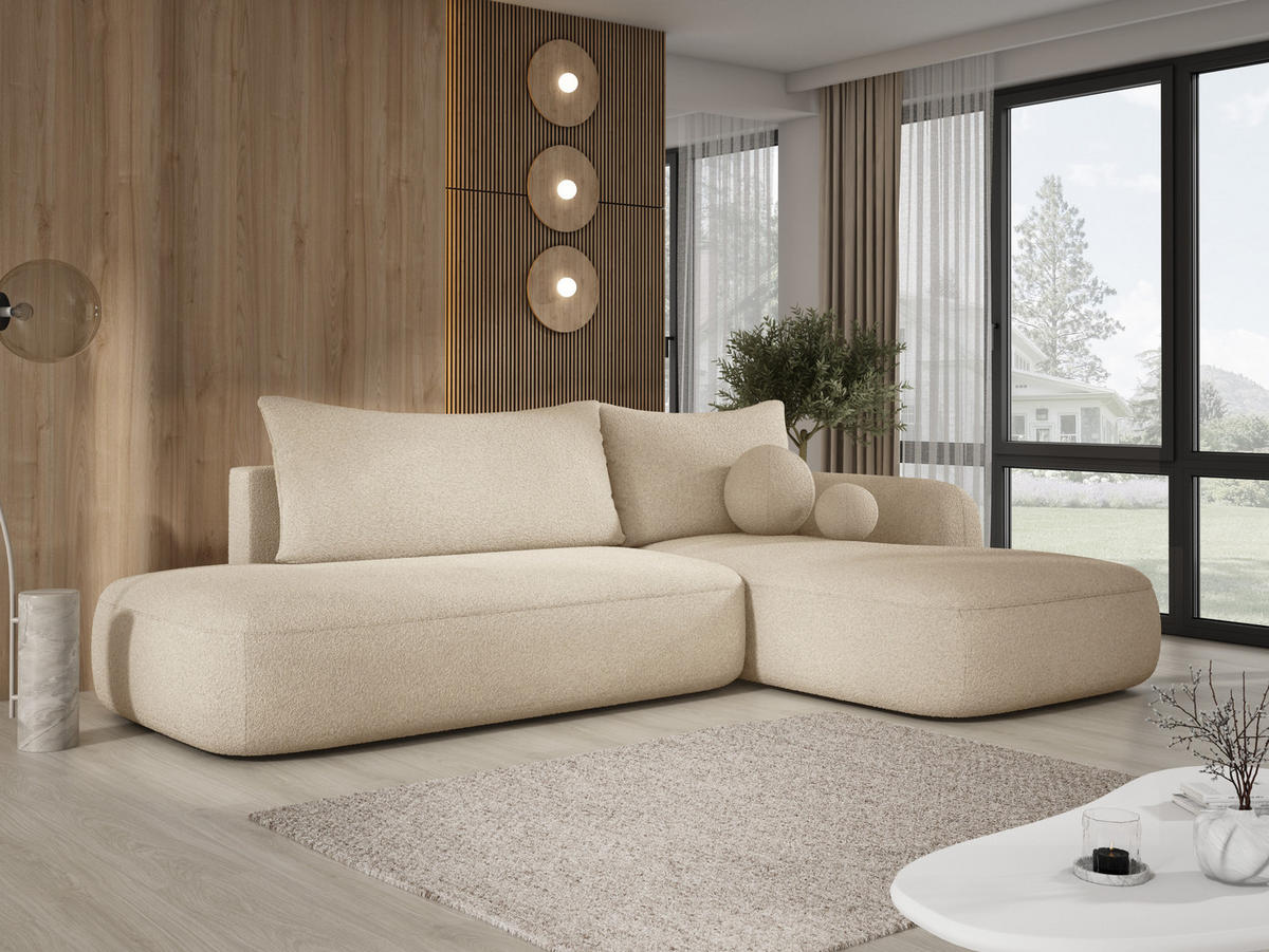 ECKSOFA BABU mit Schlaffunktion, Moderne Polsterecke für Wohnzimmer, funktionales Schlafsofa im Stoff NOW OR NEVER, 300x105x60cm rechte, beige​ - Sandfarben, Holz/Textil (300/190cm) - DomoHome