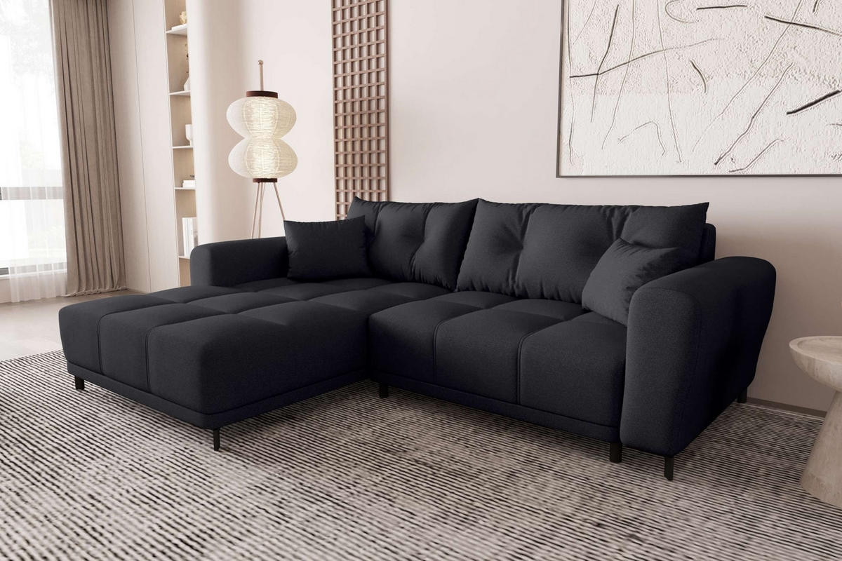 ECKSOFA Massimo Strukturstoff Schwarz inkl. Schlaffunktion Links - Schwarz, Textil/Metall (246/177cm) - 99rooms