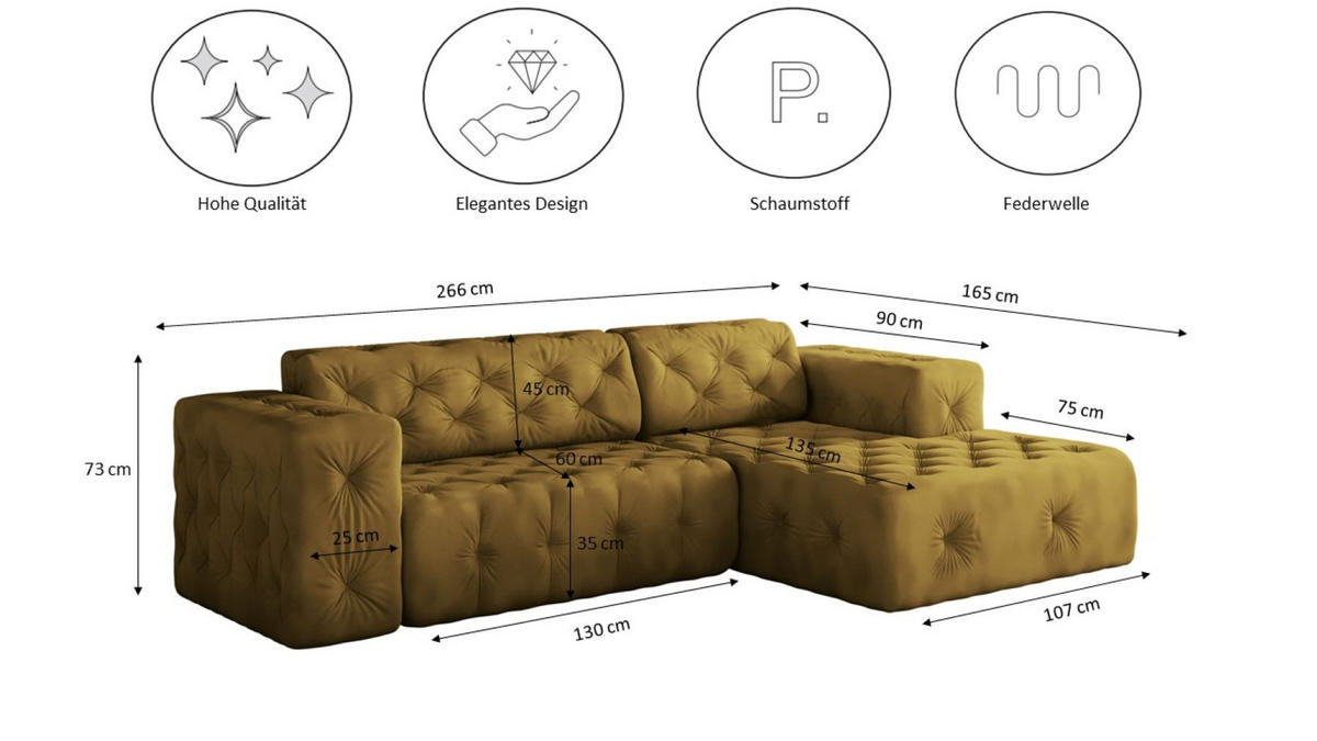 ECKSOFA L-Form Gesteppt LUX Stoff Whisper Rechts Golden - Goldfarben, Holz/Kunststoff (266/165cm) - Kaiser Möbel