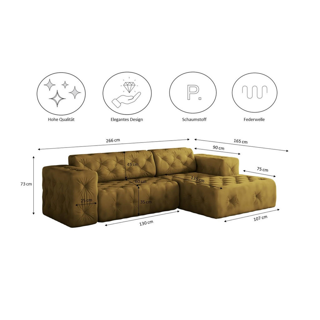 Thumbnail - Kaiser Möbel Ecksofa, Gold, Textil, Füllung: Komfortschaum, L-Form,L-Form, 266x165 cm, Reach, Wohnzimmer, Sofas & Couche...