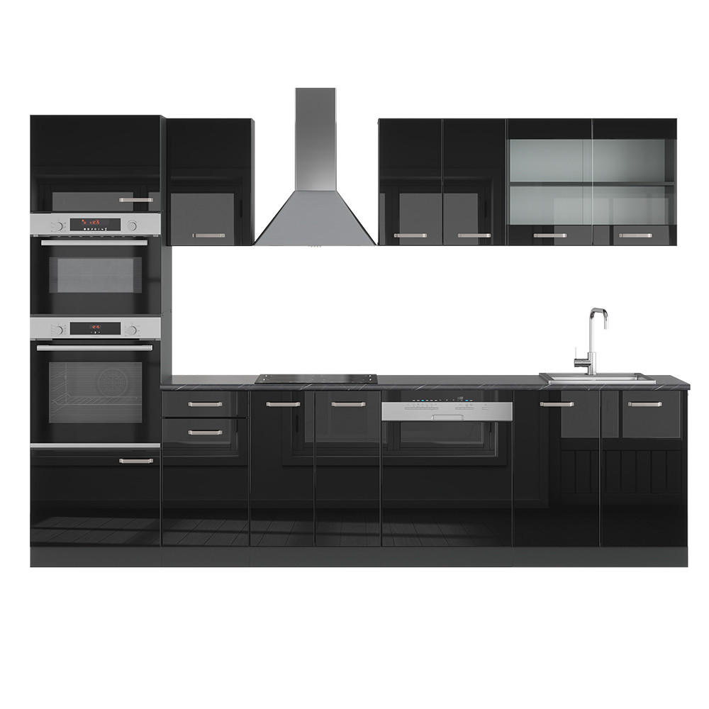 KÜCHENZEILE R-Line Schwarz Hochglanz/Anthrazit 300 cm AP Anthrazit - Schwarz Hochglanz/Anthrazit, Holzwerkstoff (300/81.6/60cm) - Vicco