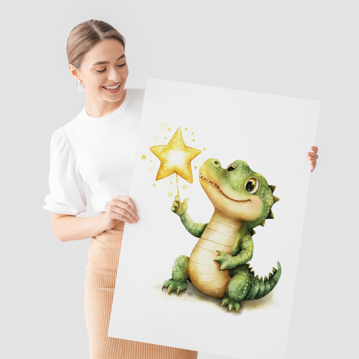 POSTER SET für Kinderzimmer TIERE Sterne Krokodil Delfin Pinguin A4 21x30cm - Gelb/Schwarz, Papier (21/30/1cm) - Muralo