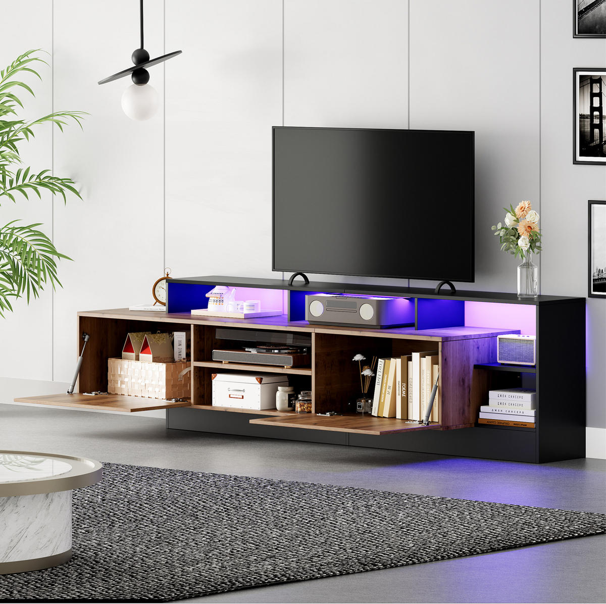 TV ormarić 190/40/48,5 cm crni i hrast od iverice s LED rasvjetom i otvorenim pretincima - crna, drvni materijal (190/48.5/40cm) - OKWISH