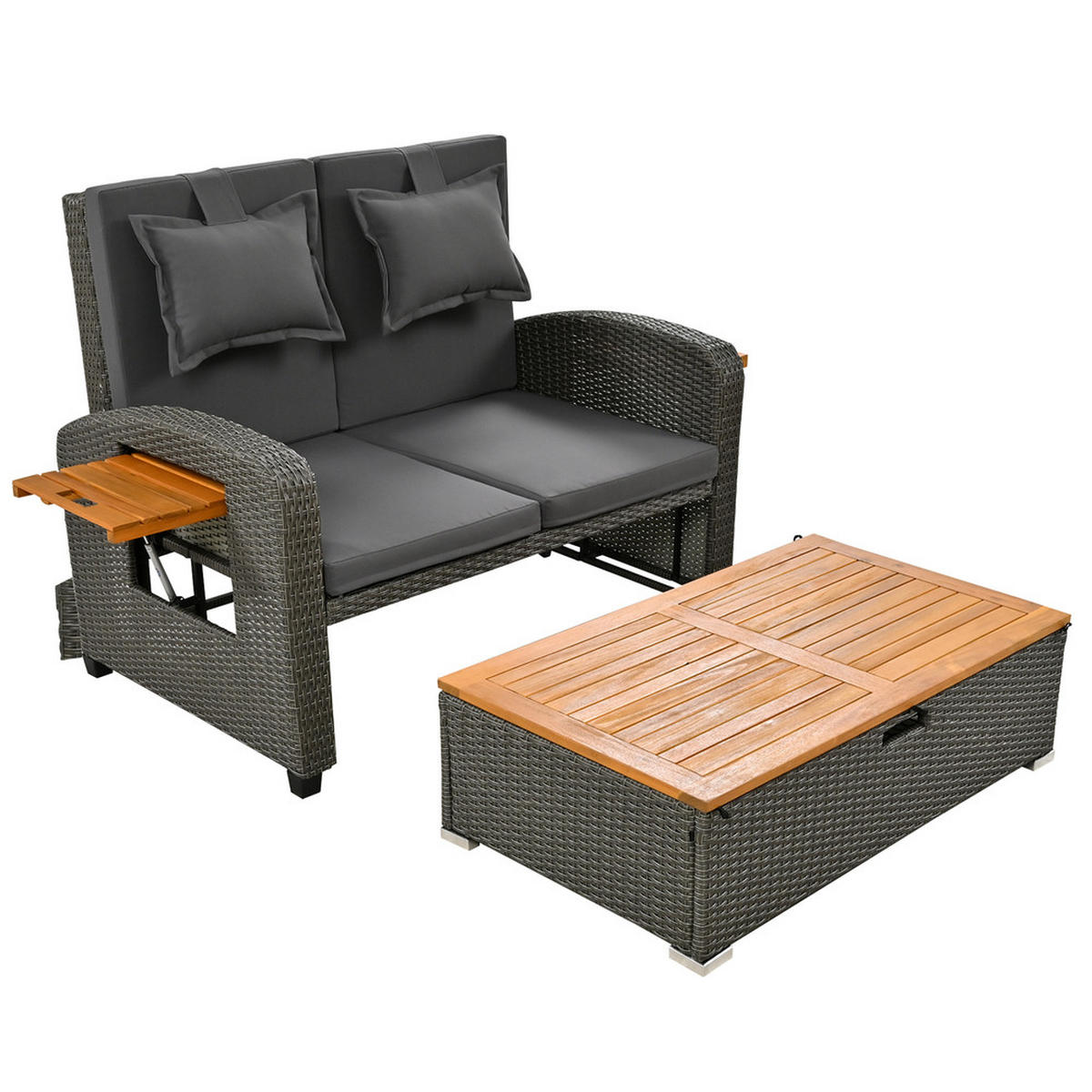 GARTENLOUNGE 2 Personen Grau Rattan verstellbar mit Hocker Kissen - Grau, Metall (53/29.21/84.8cm) - FLIEKS
