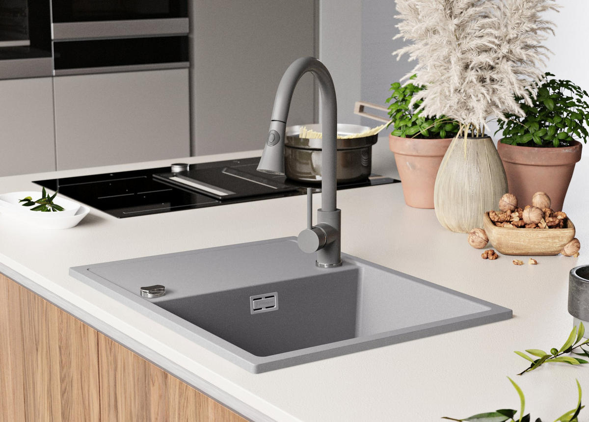 SPÜLBECKEN Ibiza, 2-er set Grau 62/50 cm 1 Becken + Ablauf-Set ab 45er Unterschrank - Chromfarben/Grau, Kunststoff (62/19/50cm) - Primagran