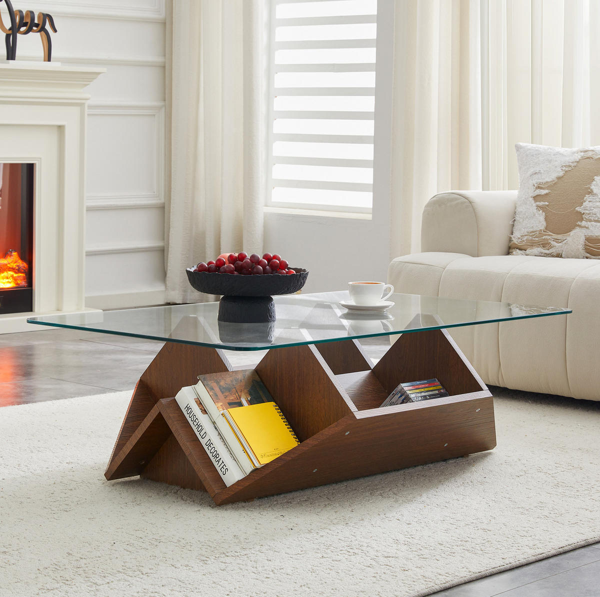 COUCHTISCH 103/63/33.5 cm in Walnuss aus MDF mit Glasplatte und Fächern - Walnussfarben, Holzwerkstoff (103/63/33.5cm) - OKMYHOME