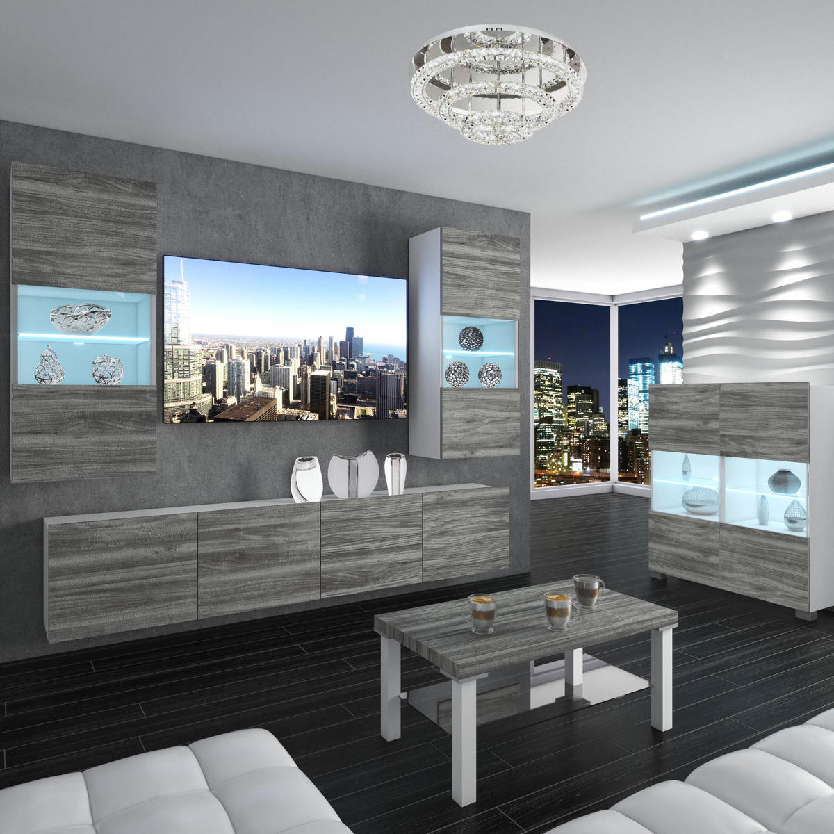 WOHNZIMMERWAND Schrankwand mit LED Glamour Holz - Grau, Holz (200/180/36cm) - B BELINI GROUP