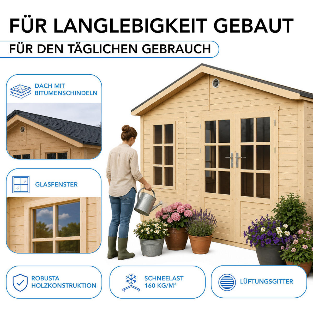 GARTENHAUS HOLZ M736A 370 x 480 cm - Naturfarben, Holz (382/267/512cm) - Timbela