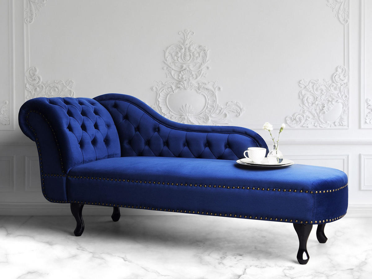 ČALOUNĚNÉ LEHÁTKO CHAISE LONGUE Sametová látka modré levostranné Nimes - modrá/černá, textil (169/79/61cm) - Beliani