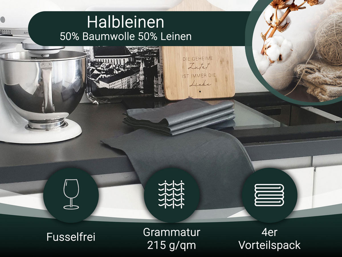 GESCHIRRTÜCHER, 4er-Set, 50x70 cm, 50% Baumwolle, 50% Leinen, Grau - Anthrazit, Textil (50/70cm) - Zollner