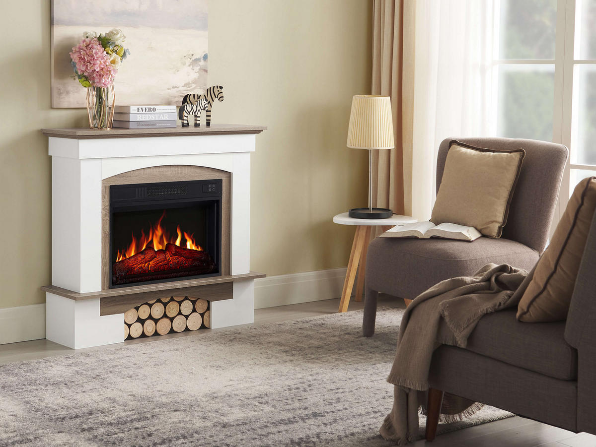 ELEKTROKAMIN Woodley AF23S Weiß Graueiche – Breite 107 cm, 3D-Flammeneffekt, LED-Beleuchtung, Heizfunktion - Weiß, Glas/Holzwerkstoff (98.5/90/30cm) - ArtiFlame