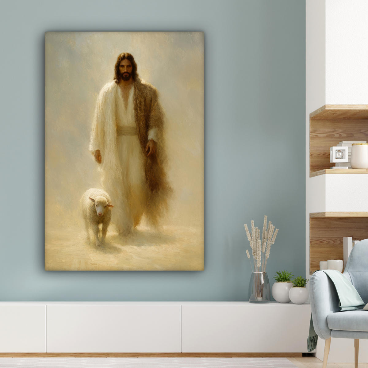 LEINWANDBILD Schaf - Jesus - Pinselstriche - Abstrakt Deko Groß 90x140 cm - Sandfarben, Textil (90/140cm) - MuchoWow