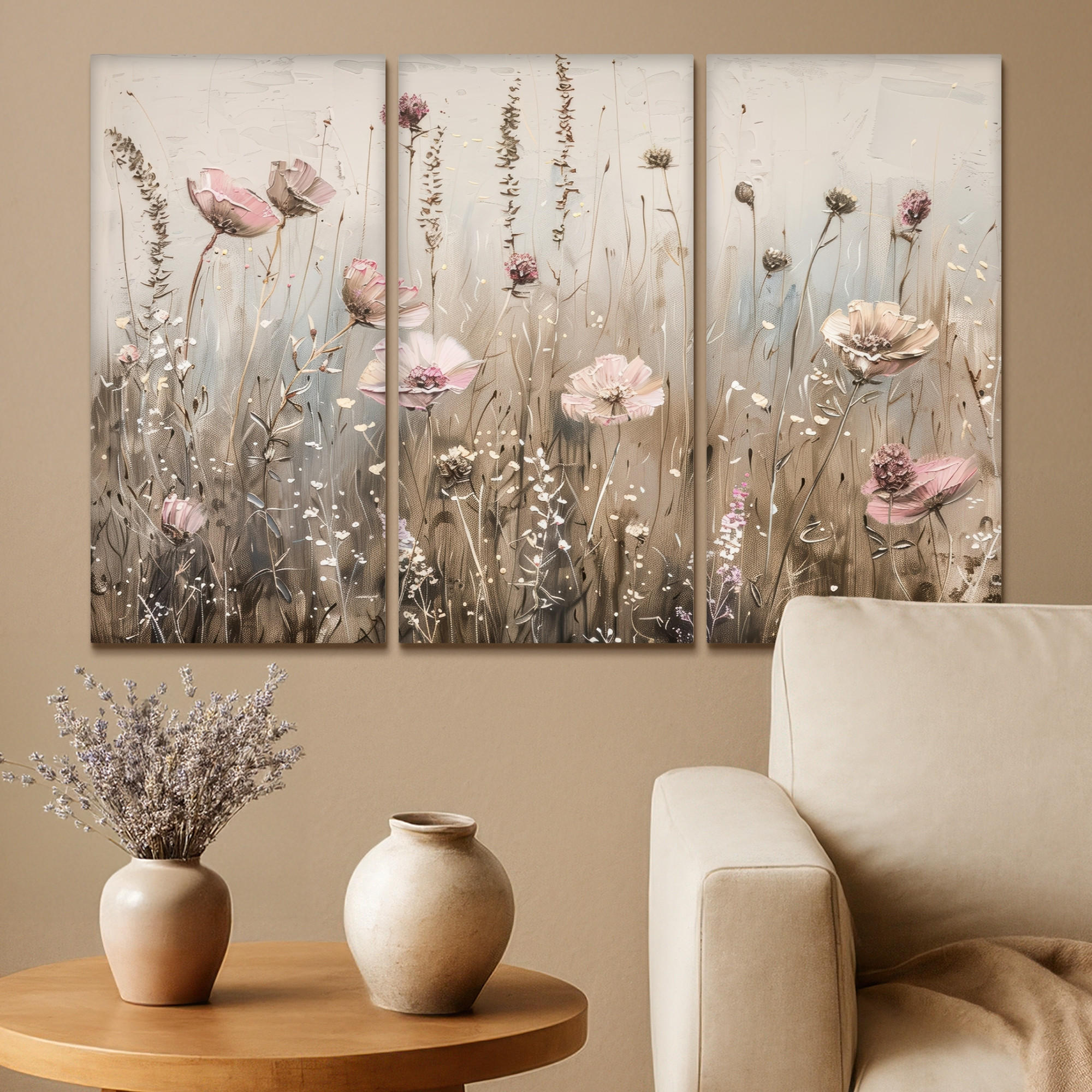LEINWANDBILD 3er Set Blumen - Beige - Modern - Rosa 90x60 cm - Ecru, Textil (90/60cm) - MuchoWow
