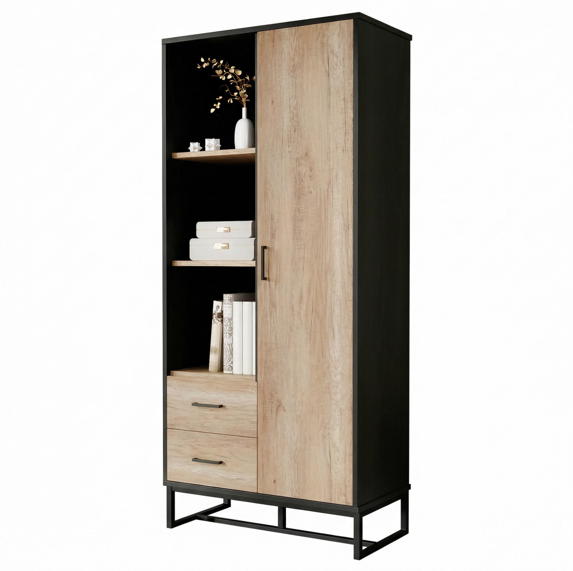 HIGHBOARD mit Schubladen 80/40/180 cm in Holzoptik und Schwarz - Schwarz, Holzwerkstoff (80/180/40cm) - BEAOK