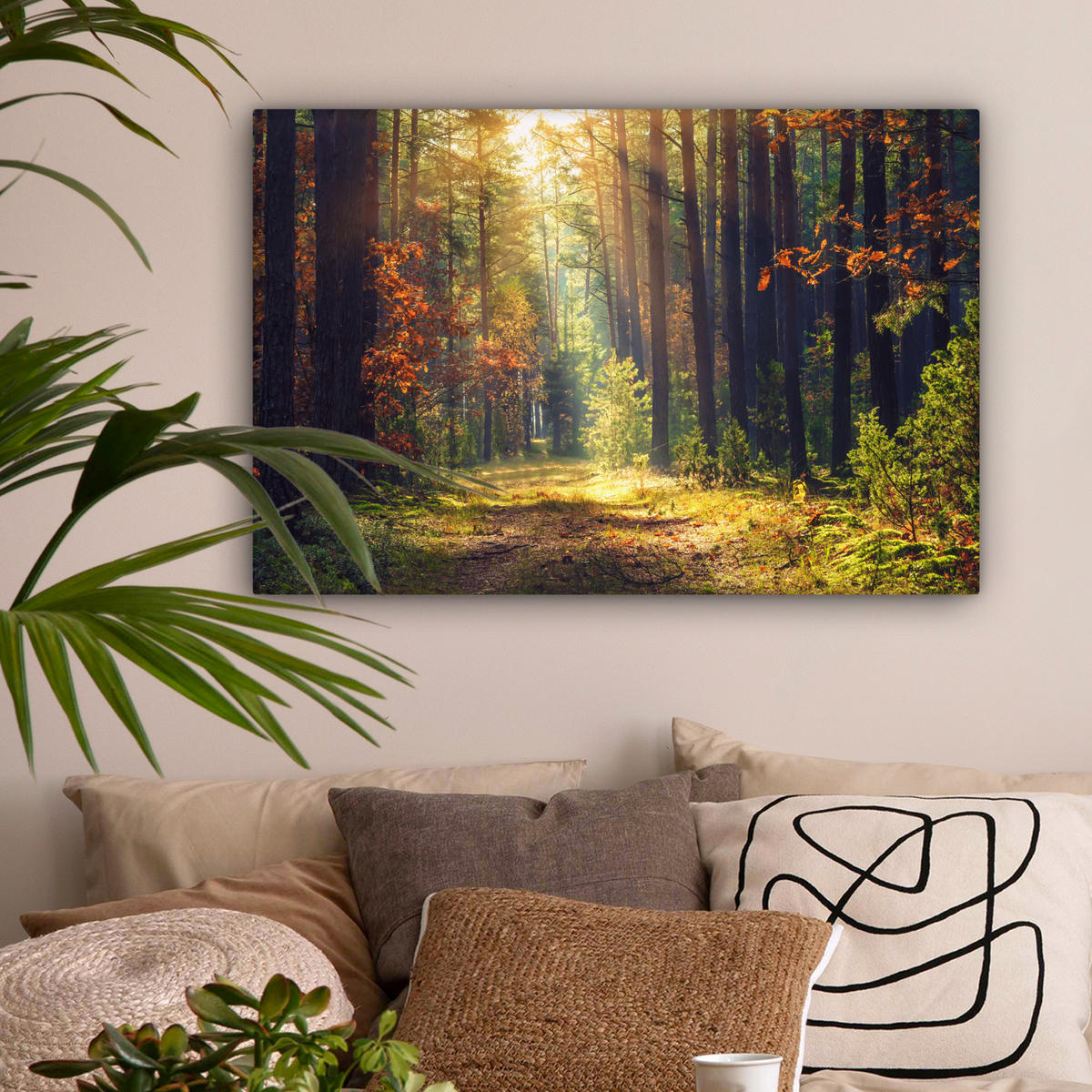 LEINWANDBILD Wald - Herbst - Bäume Wanddeko 90x60 cm - Dunkelgrün, Textil (90/60cm) - MuchoWow