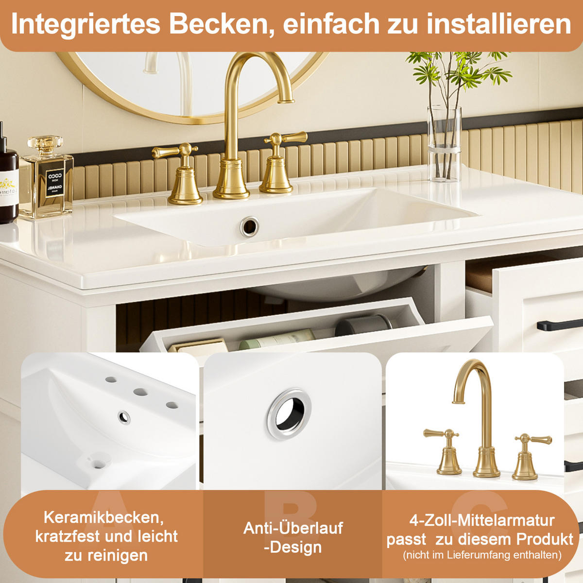 WASCHTISCH 90/46 cm,mit Keramikbecken und Schubladen Klappfach,Weiß - Weiß, Holz/Metall (96/87/46cm) - PARAFTA HOME