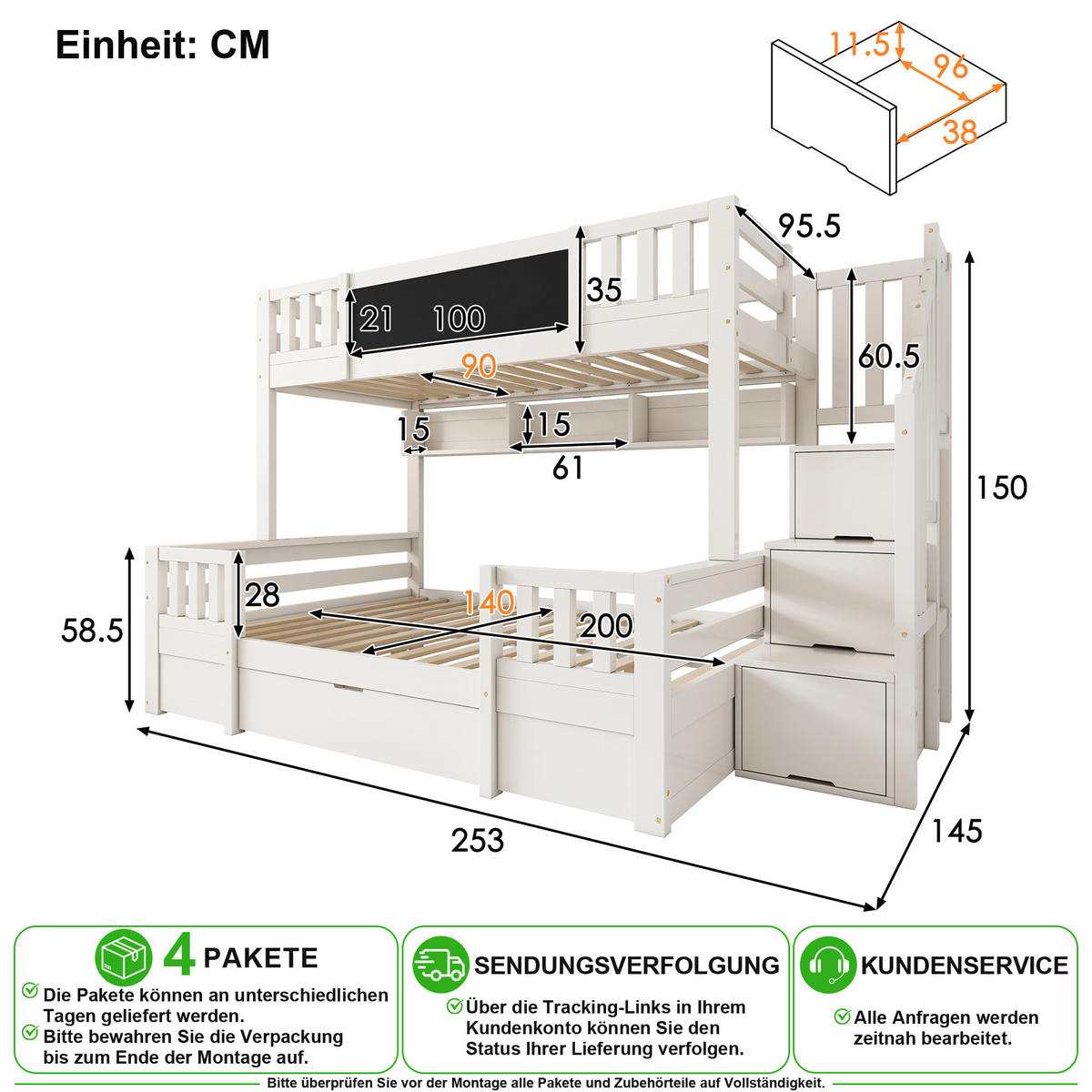 PATROVÁ POSTEL 90/200 cm & 140/200 cm v bílé barvě s úložným prostorem a tabulí - bílá, kov/dřevo (90/200cm) - CHICFURN