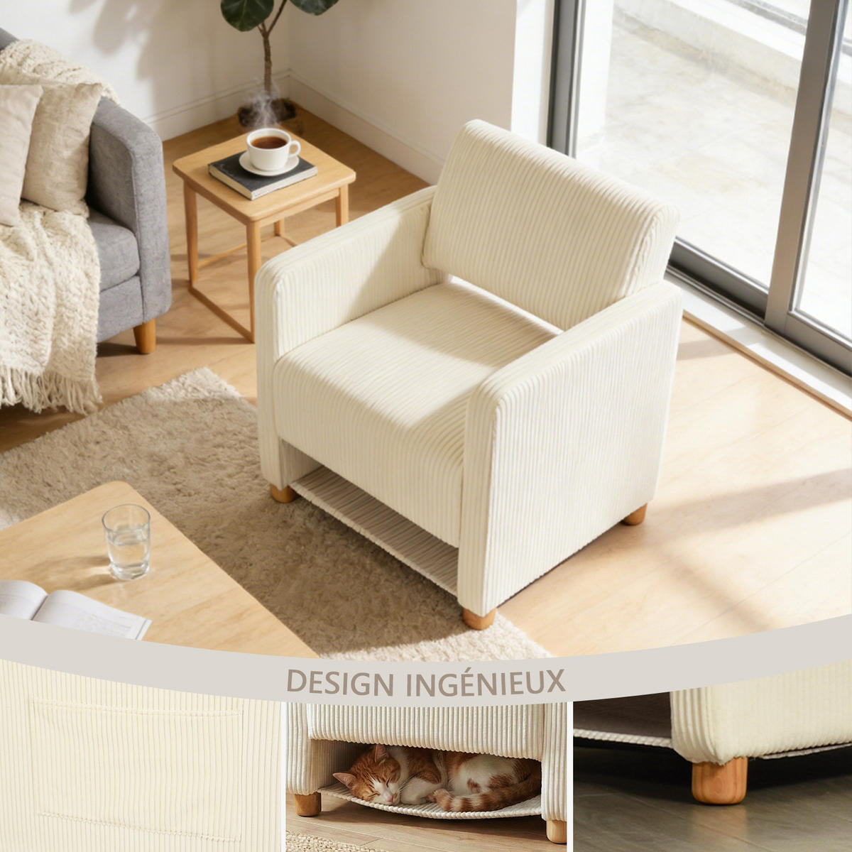 SESSEL, 2er-Set, mit Armlehnen, Cordbezug und Massivholzfüßen, Beige und Grün - Beige/Grün, Holz (66/76.5/73.5cm) - Meubles Cosy
