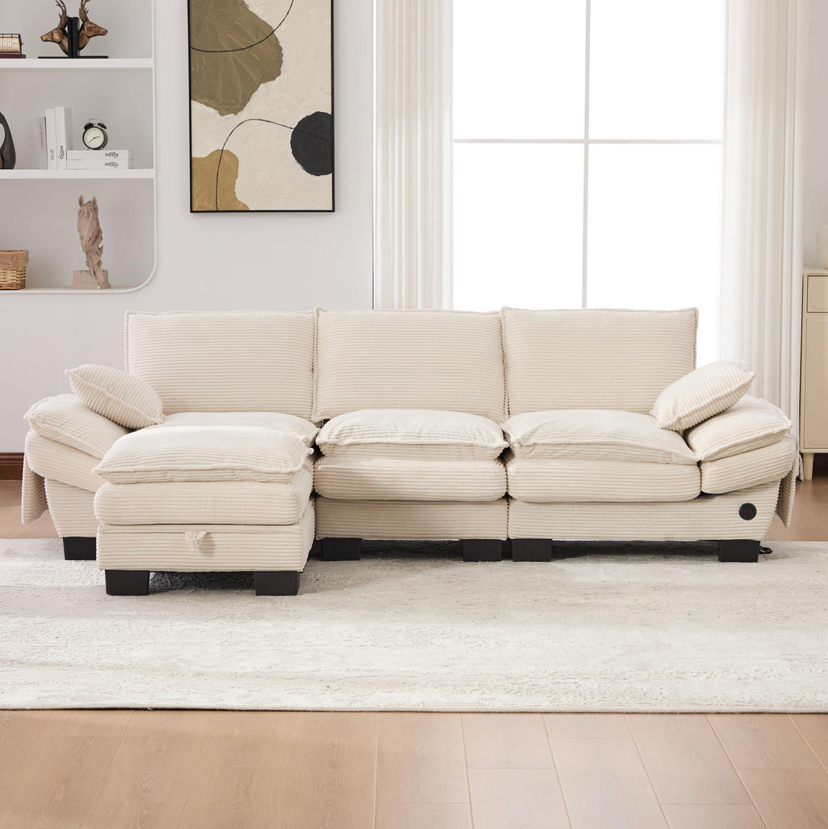 SOFA 3-Sitzer modular 260 x 132 x 84 cm Corduroy Beige mit Hocker - Beige, Kunststoff (132/260cm) - Meubliv