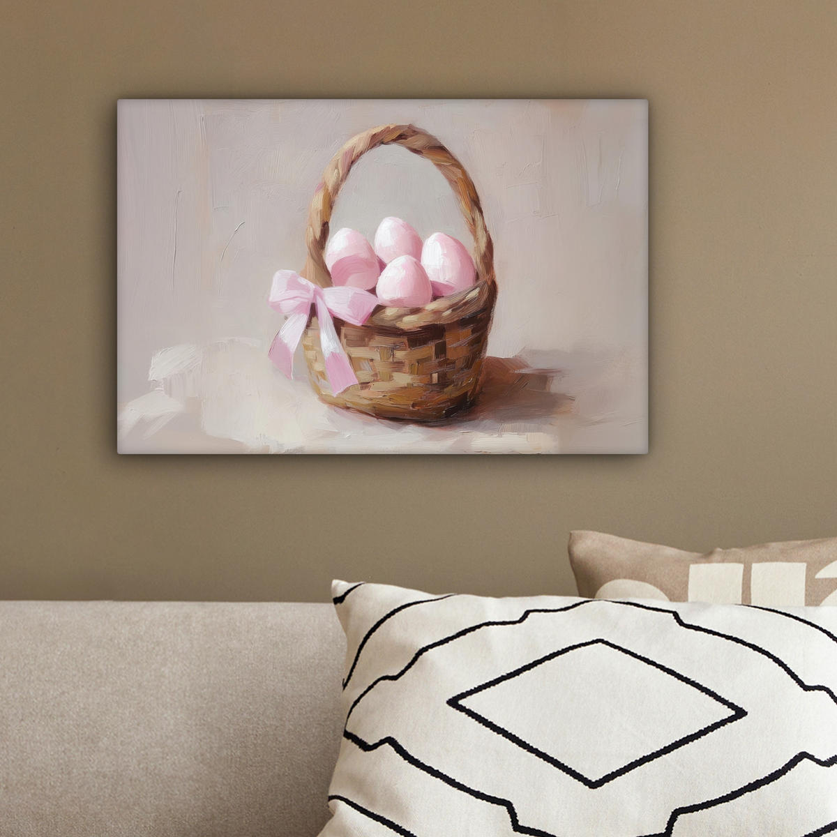 LEINWANDBILD Korb - Eier - Rosa Deko Schlafzimmer 30x20 cm - Beige, Textil (30/20cm) - MuchoWow