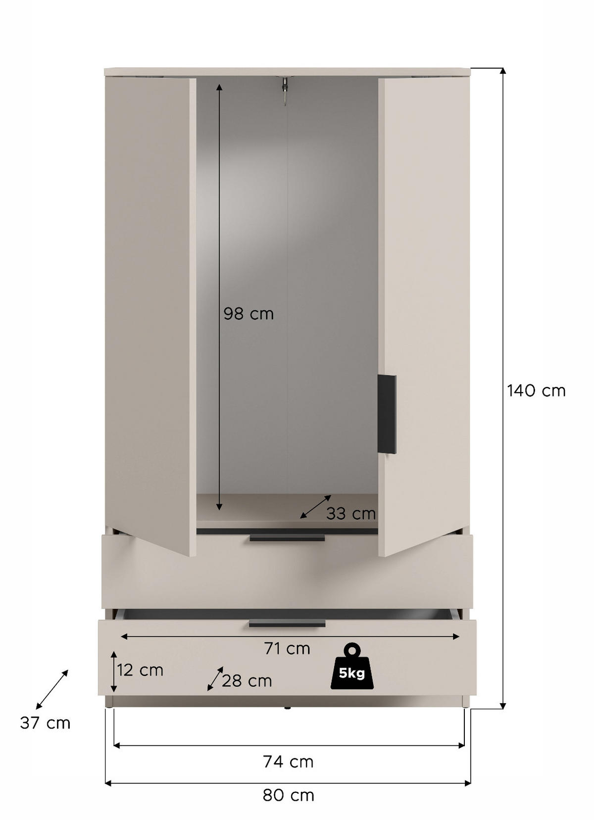 KLEIDERSCHRANK kaschmir 80 x 140 cm, Wäscheschrank 2-türig mit Einlegeböden - Kaschmir/Schwarz, Holzwerkstoff/Kunststoff (80/140/37cm) - Inn.Furn