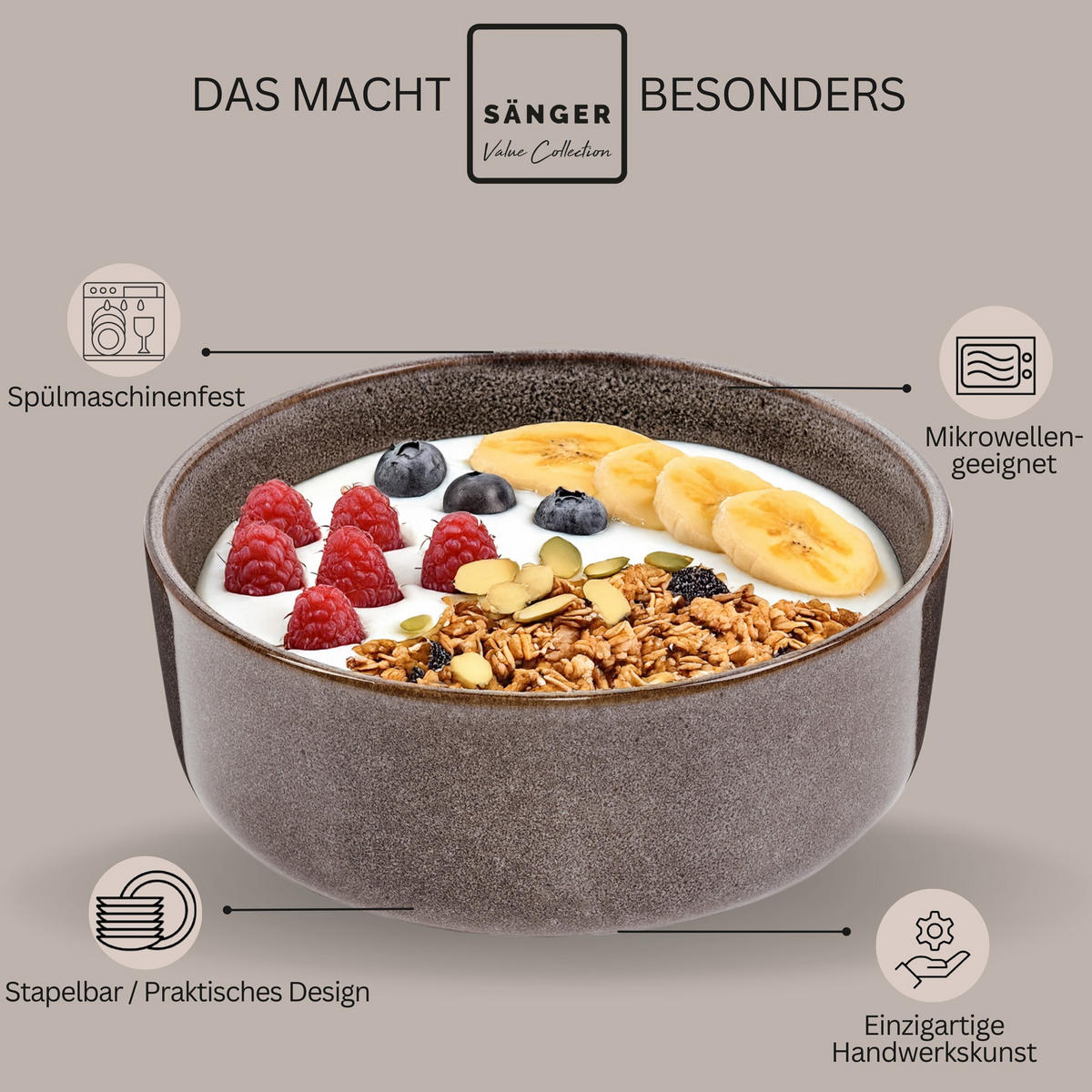 SCHALEN SET KAIRO GRAPHIT - 6 teilig aus Steingut - Braun, Keramik (38.5cm) - Sänger