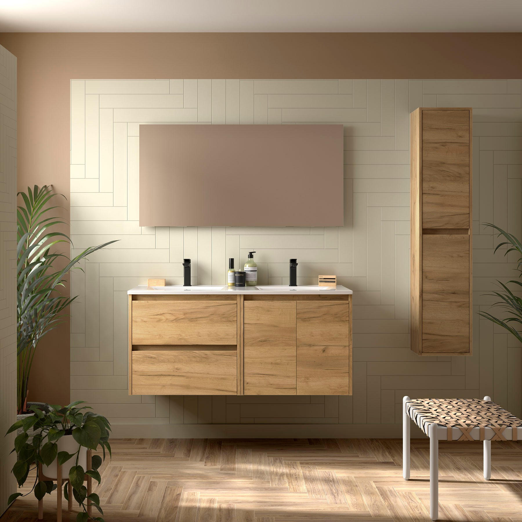 BADEZIMMERMÖBEL NOJA 1200 2 Türen und 2 Schubladen EICHE AFRIKA + Waschtisch + Spiegel - Schwarz, Metall (45/54/120cm) - Salgar