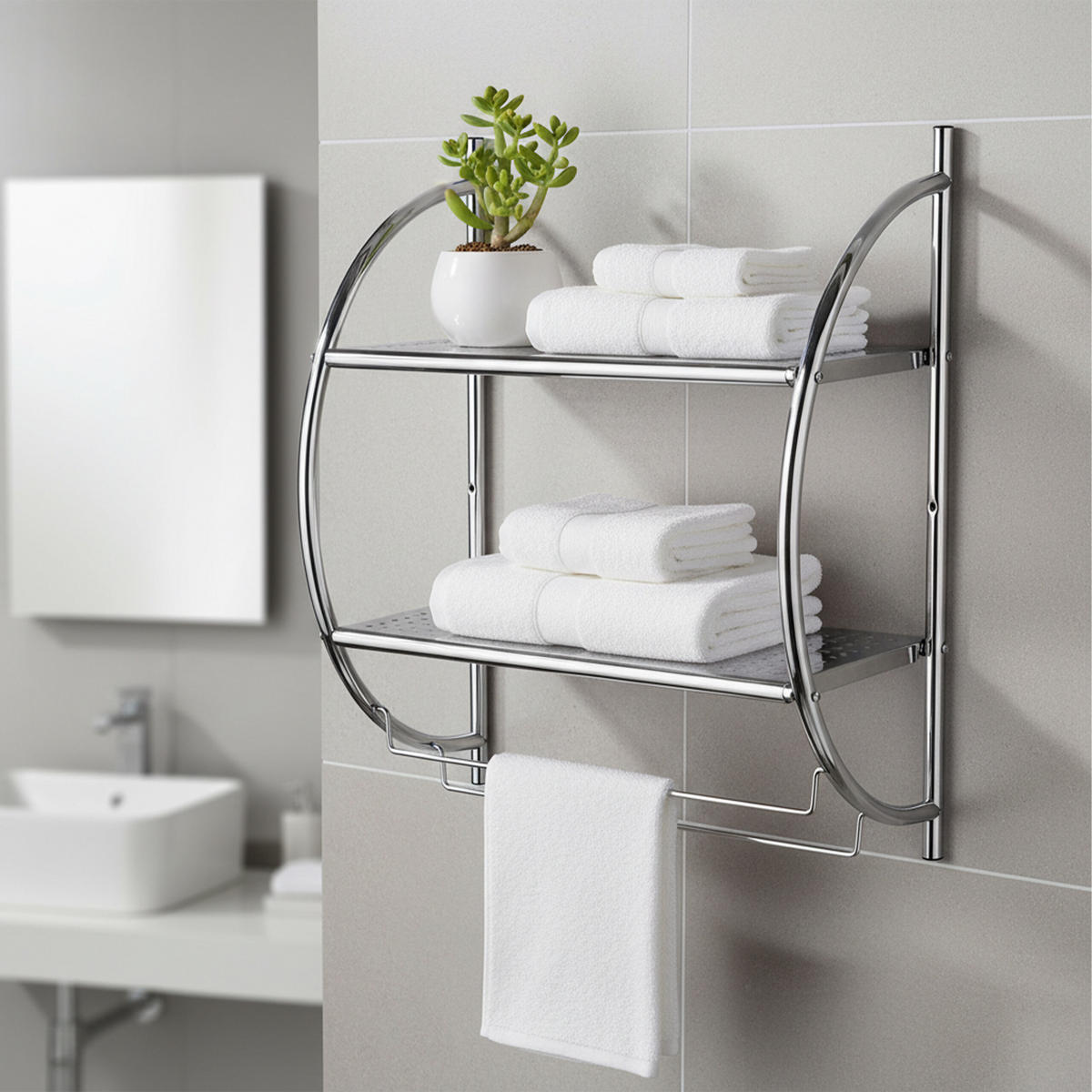 KÚPEĽŇOVÁ polica - strieborná, kov (44.5/54.5/25.5cm) - Relaxdays