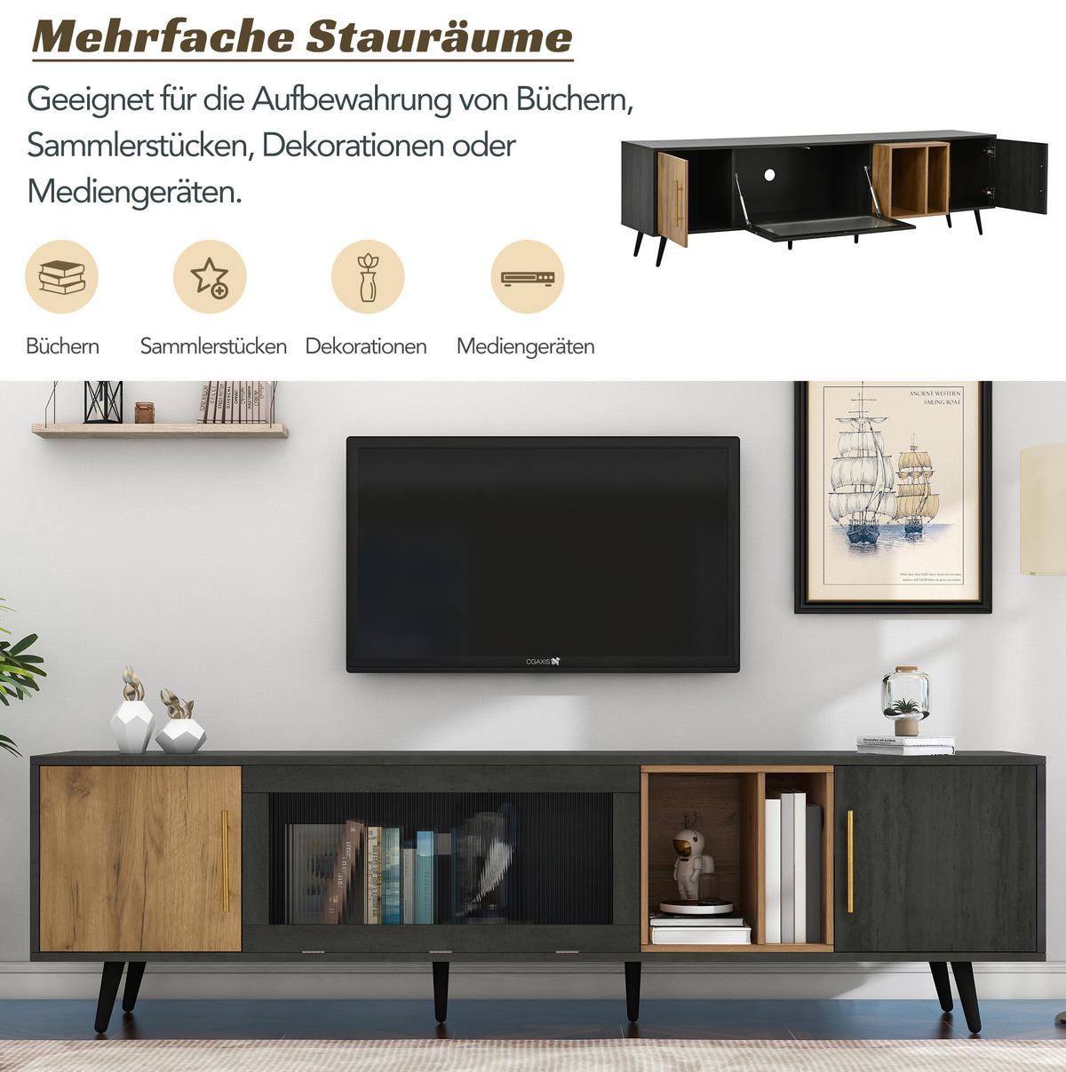 LOWBOARD 200/40/55,5 cm in Grau-Holzoptik mit Changhong-Glas und Kabelmanagement - Grau, Holzwerkstoff (200/55.5/40cm) - Flora Grace