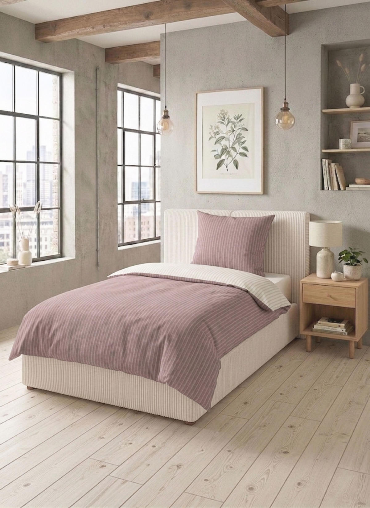 BETTWÄSCHE-GARNITUR Premium Melange Webstreifen rose, 155x200 cm + 80x80 cm - Rosa, Textil (155/200cm) - biberna