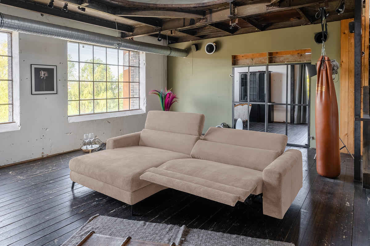 ECKSOFA LAISKA Taupe Cord Relaxfunktion - Taupe/Schwarz, Textil/Metall (282/177cm) - KAWOLA