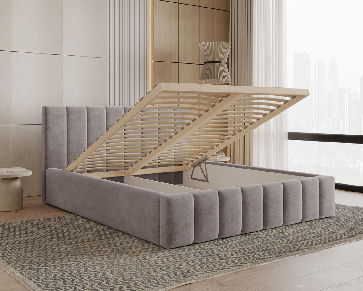 POLSTERBETT 01 180 x 200 cm – Flow – Bett mit Federmechanismus und Stauraum - Taupe, Holz (180/200cm) - ROYAL24_MARKT