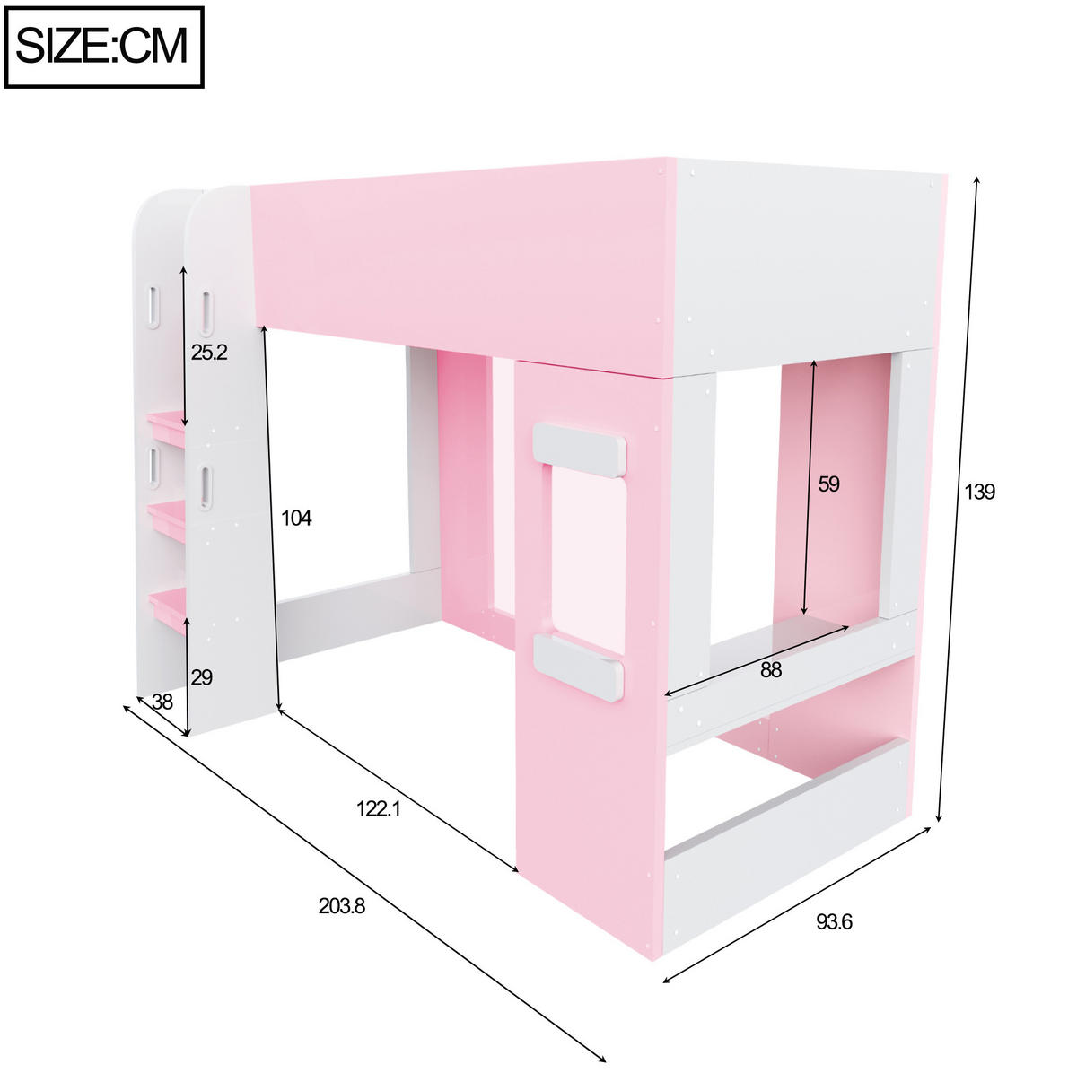 HOCHBETT aus MDF und Sperrholz 90x200 cm Rosa mit LED-Beleuchtung und Schreibtisch - Pink, Holzwerkstoff (90/200cm) - Modfu