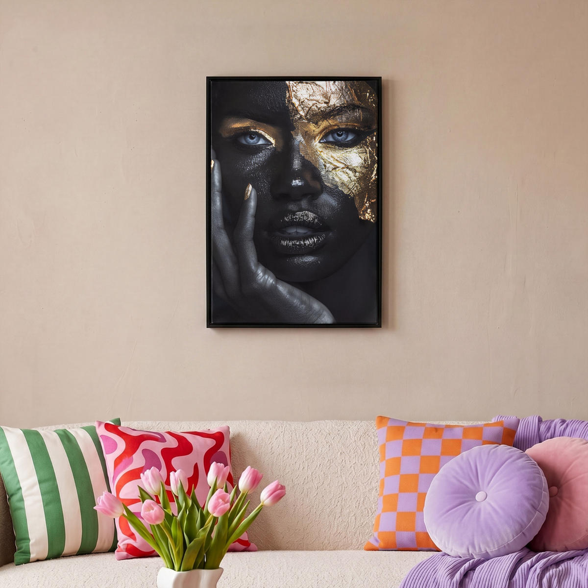 LEINWAND Bilder mit Rahmen - Frau - Gold - Porträt - Schwarz-Weiß - Luxus - 40x60 - Hellblau, Textil (40/60cm) - MuchoWow