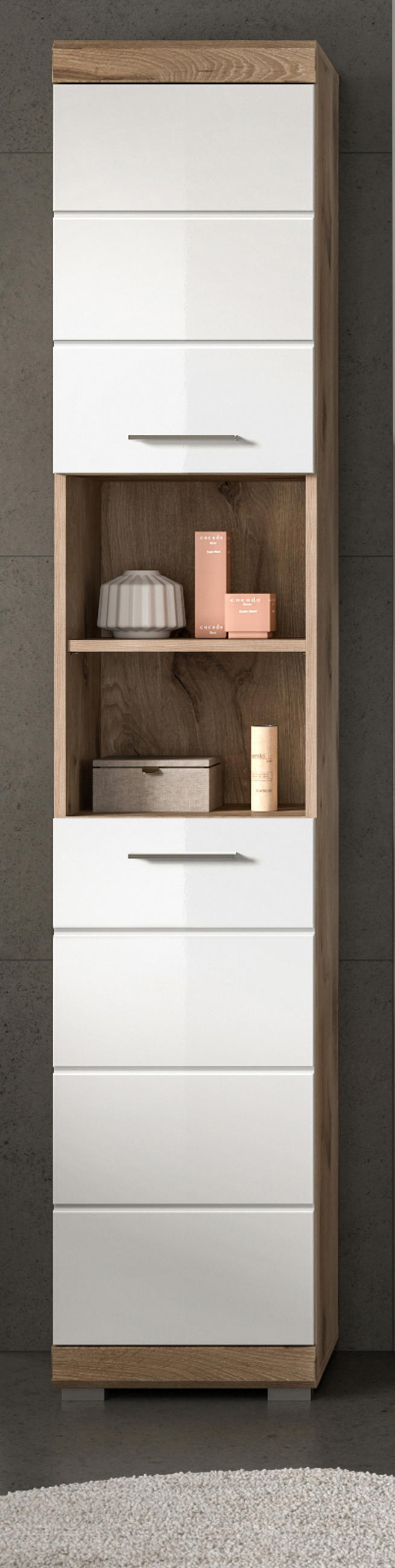 HOCHSCHRANK weiß Hochglanz, Eiche 37 x 191 cm, Badschrank mit 6 Fächern - Chromfarben/Weiß Hochglanz, Holzwerkstoff/Kunststoff (37/191/31cm) - Inn.Furn