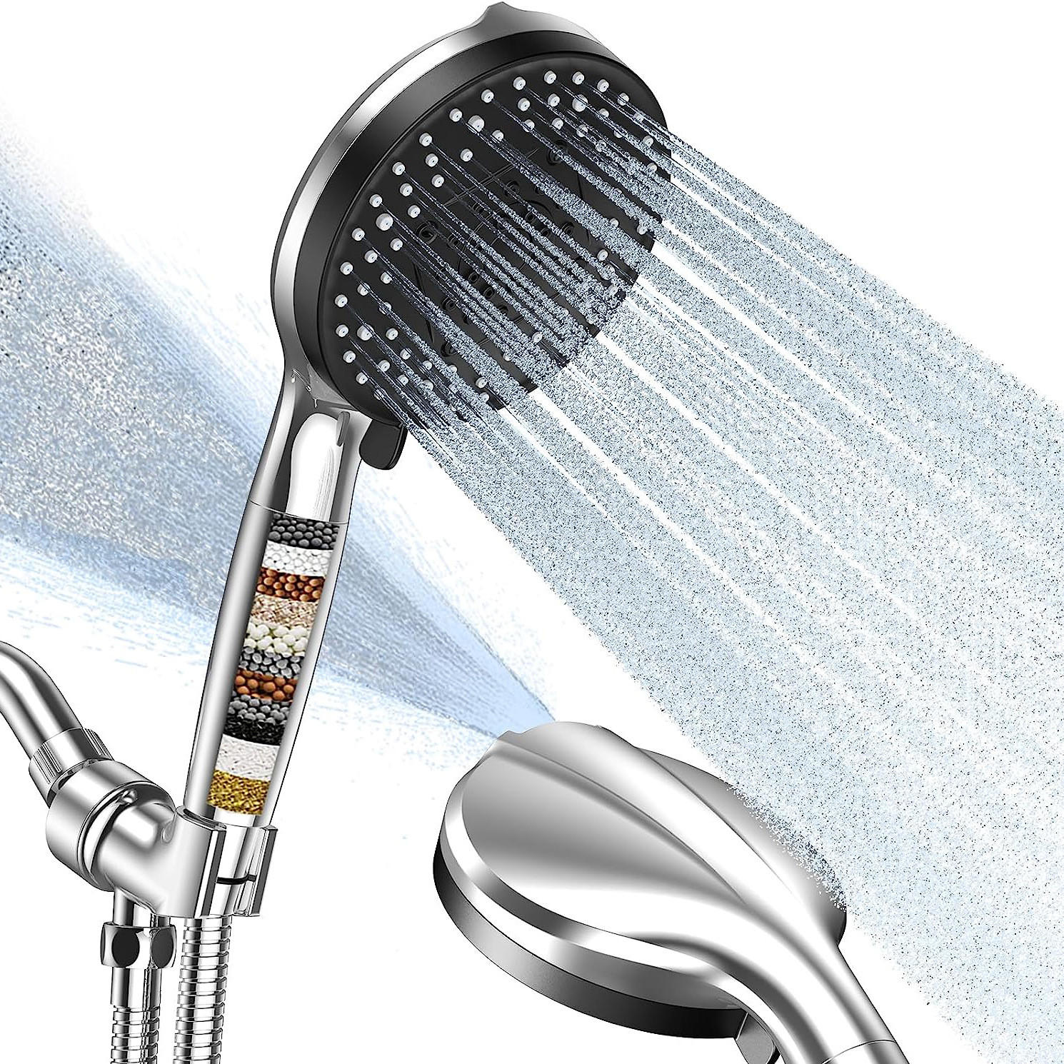 DUSCHKOPF – silber – passend für 1/2-Zoll-Anschluss, inklusive 150 cm Schlauch und Halterung - Silberfarben, Kunststoff (28.5cm)