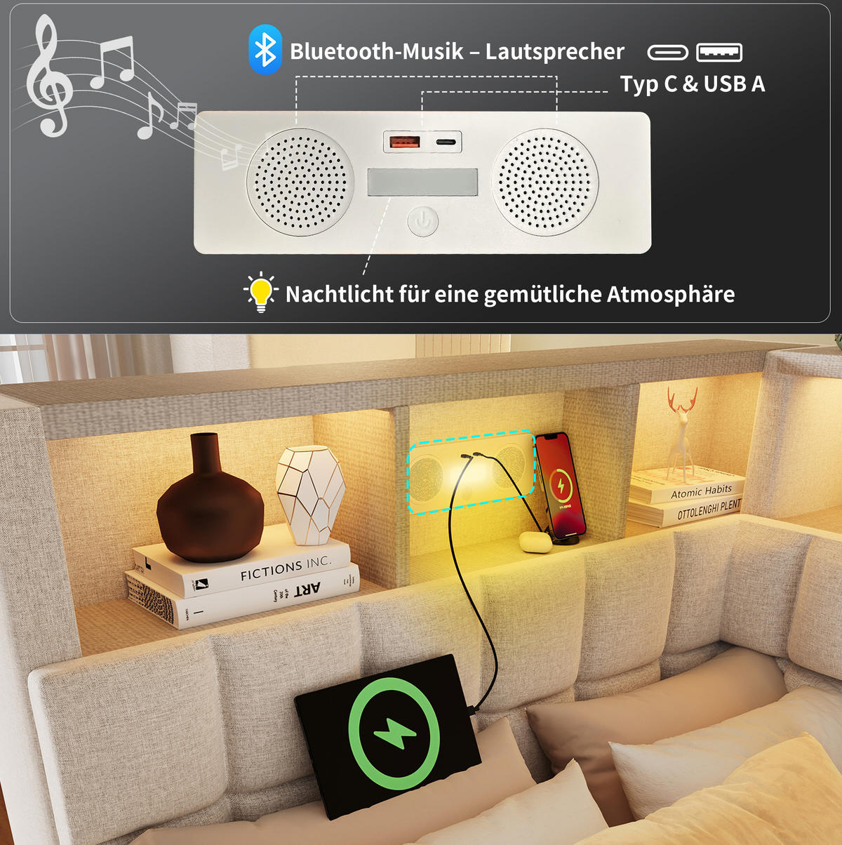 POLSTERBETT 140/200 cm aus PU mit LED USB-Ladestation und Stauraum Schwarz - Schwarz, Kunststoff (140/200cm) - Modenvie