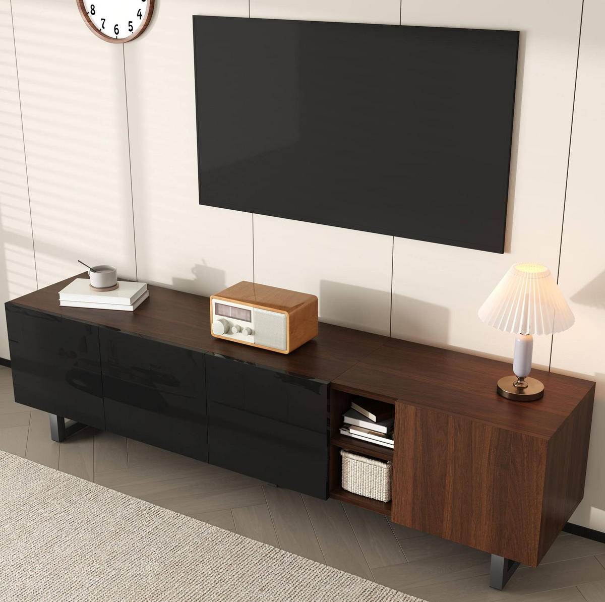 TV-SCHRANK 180/38/50 cm schwarz/natur aus MDF mit 4 Türen - Hellbraun, Holzwerkstoff (180/50/38cm) - OKWISH