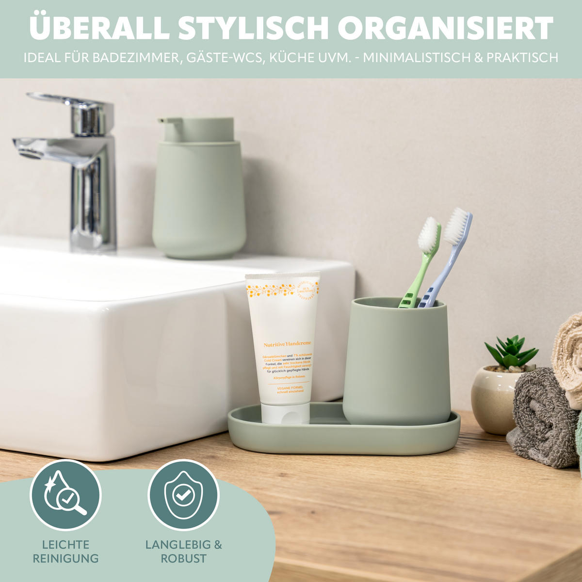 BAD-ACCESSOIRES-SET TESERO 3tlg., Soft-Touch, salbei - Salbeigrün, Kunststoff (18.5/13.5/10cm) - eluno