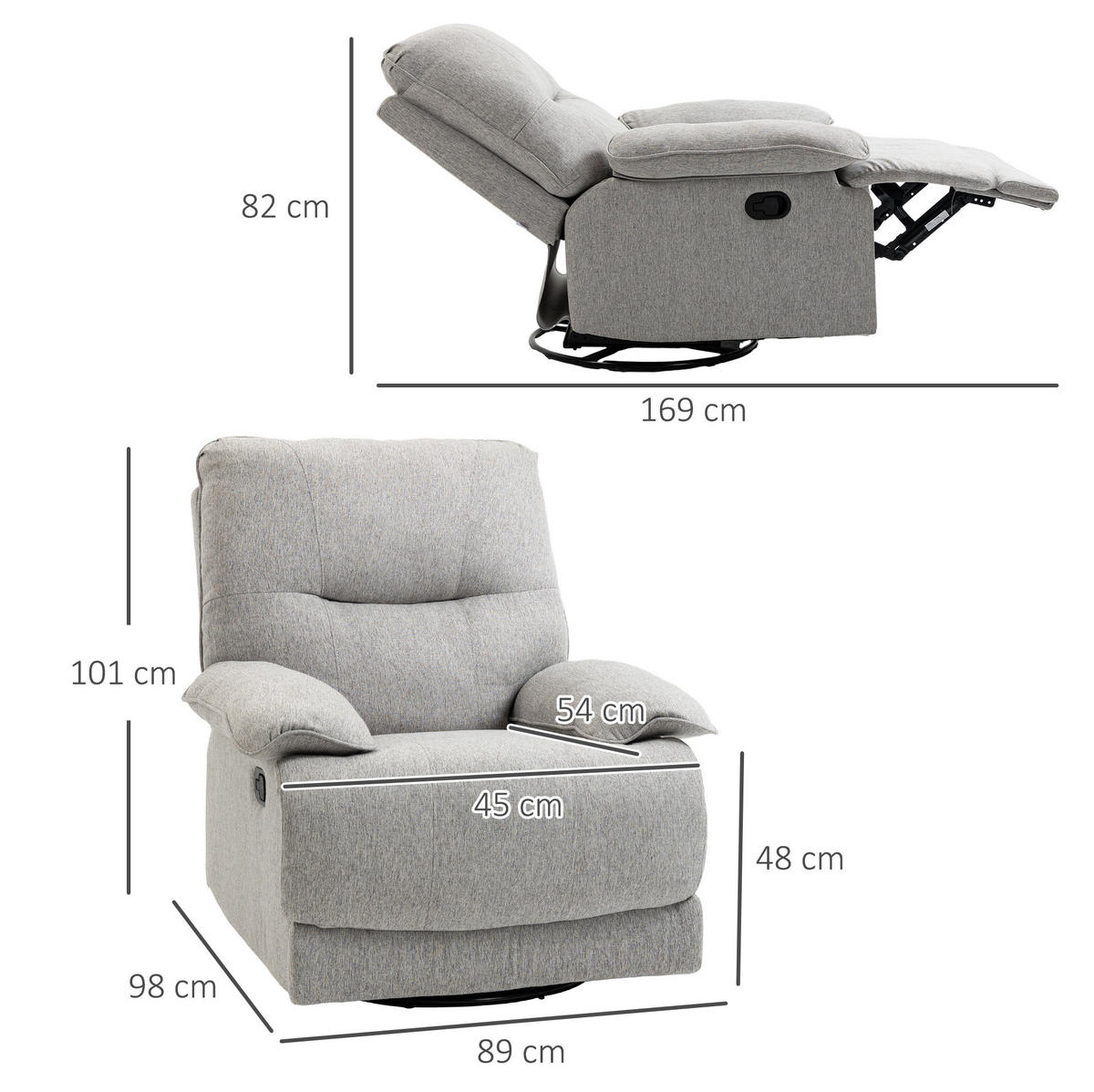 RELAXSESSEL 89/98/101 cm manuell verstellbar mit Fußteil - Hellgrau, Textil (98/101/89cm) - BEAOK