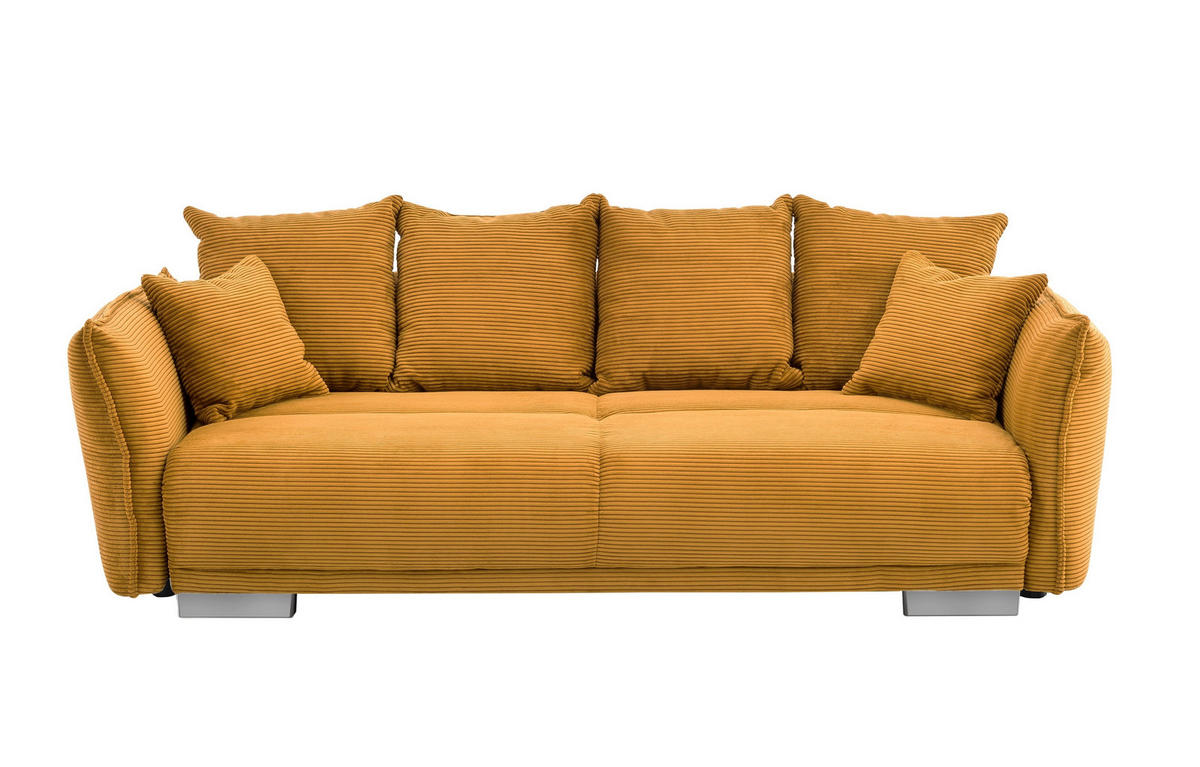 BIG-SOFA mit Schlaffunktion, Bettkasten, Federkern, Armlehnen verstellbar B242/T131/H90 cm, Liegefläche 168x199 cm, Cord Gold Ockergelb / 17213 - Currygelb/Chromfarben, Kunststoff/Textil (242/90/131cm) - luma-home