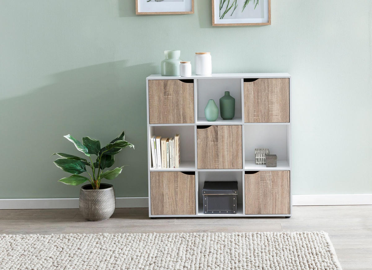 REGAL – Weiß/Sonoma, 89x91x29 cm, 9 Fächer, für Bücher und Deko - Schwarz/Weiß, Holz (89/91/29cm) - KADIMA DESIGN