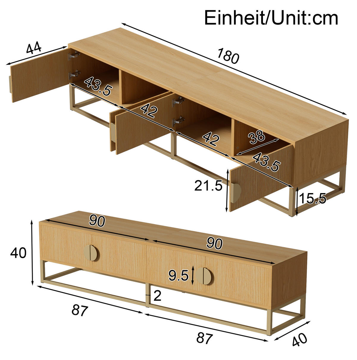 LOWBOARD 180/40/40 cm in Holzfarbe aus MDF und Spanplatte mit 4 Türen und Soft-Close - Braun, Holzwerkstoff (40/40/180cm) - OKMYHOME